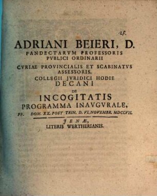 Adriani Beieri ... De incogitatis programma inaugurale