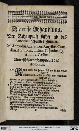 Die erste Abhandlung: Der Schauplatz bildet ab des Antonius geheimes Zimmer