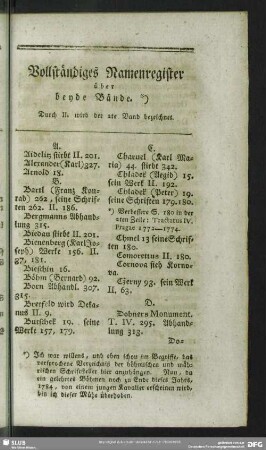 Vollständiges Namenregister über beyde Bände. *) Durch II. wird der 2te Band bezeichnet
