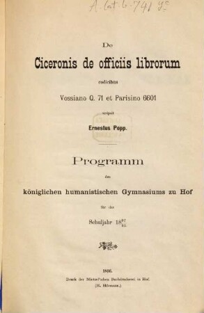 De Ciceronis de officiis librorum codicibus Vossiano Q. 71 et Parisino 6601