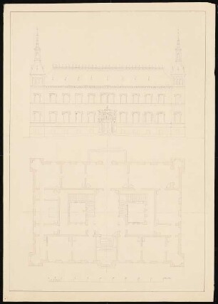 Zweigeschossiges Schloss mit Tudorfassade: Vorderansicht, Grundriss, Erdgeschoss