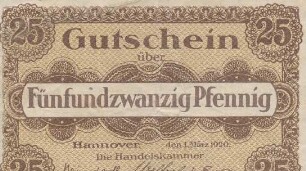 Zahlungsmittel / Gutschein der Handelskammer Hannover über 25 Pfennig