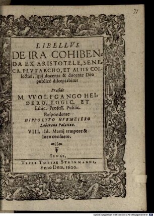 Libellus de ira cohibenda ex Aristotele, Seneca, Plutarcho et aliis collectus