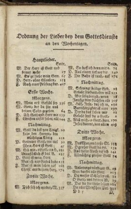 Ordnung der Lieder bey dem Gottesdienste an den Wochentagen.