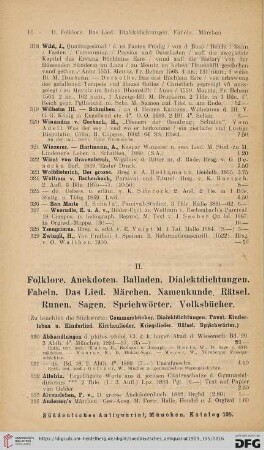 II. Folklore. Anekdoten. Balladen. Dialektdichtungen. Fabeln. Das Lied. Märchen. Namenkunde. Rätsel. Runen. Sagen. Sprichwörter. Volksbücher (Nr. 330-923)