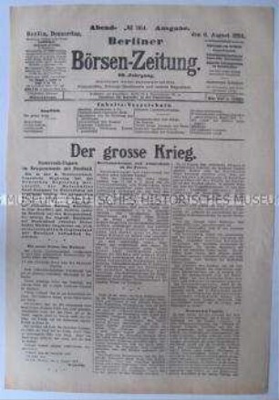 Titelblatt der "Berliner Börsen-Zeitung" zum Kriegsgeschehen