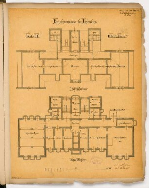 Kreiskrankenhaus, Insterburg Monatskonkurrenz November 1885: Grundriss Keller, Dachgeschoss; Maßstabsleiste