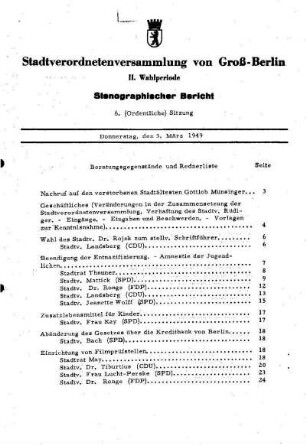 Nr. 6, 3. März 1949, Ordentliche Sitzung