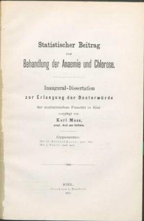 Statistischer Beitrag zur Behandlung der Anaemie und Chlorose