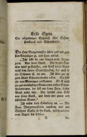 Erste Szene. Ein allgemeines Gespräch über Schauspielkunst und Schauspieler.
