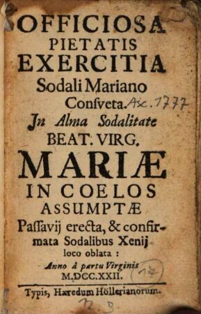 Exercitia officiosa pietatis pro Sodali Mariano