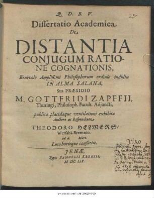 Dissertatio Academica De Distantia Coniugum Ratione Cognationis