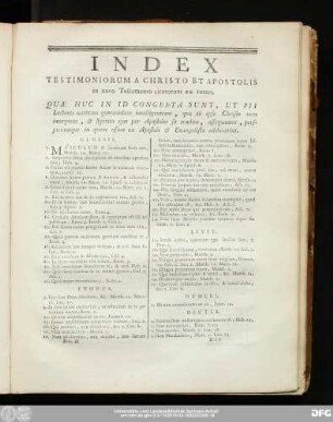Index Testimoniorum A Chirsto Et Apostolis in novo Testamento citatorum ex veteri.