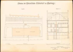 Bibliothek der Philipps-Universität Marburg: Lageplan 1:250, Schnitt 1:100