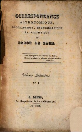 Correspondance astronomique, géographique, hydrographique et statistique. 15,1. 1826