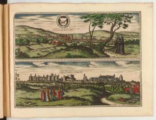 Vogelschaubilder von Oxford und Windsor, kolorierte Kupferstiche, um 1682 : Oxonium : nobile Angliae oppidum, Septentrionalem Tamesis ripam elegantißimo atque salubri situ illustrat / Depingeb. Georg. Hoefnagle // Vindesorium : celeberrimum Angliae castrum locus amoenißimus aedificia magnifica: Artificiosa Regum sepulchra: Et illustris Garetteriorum equitum Societas memorabile reddunt ; Cum Privilegio / Depingebat Georgius Hoefnagle. - [Amsterdam] : [Bÿ d' Erfsgenamen van Joannes Janssonius van Waesberge], [1682]. - 1 Pl. : Kupferst. ; Bildgr. 48 x 36 cm +++ Mit Wappen