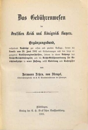 Das Gebührenwesen im Deutschen Reich u. Kgr. Bayern : Ergänzungsband