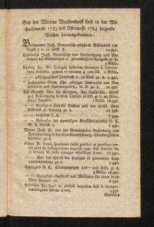 22a-22b, Bey der Witwe Vandenhoek sind in der Michaelismesse 1784 folgende Bücher herausgekommen: