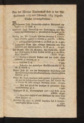 22a-22b, Bey der Witwe Vandenhoek sind in der Michaelismesse 1784 folgende Bücher herausgekommen: