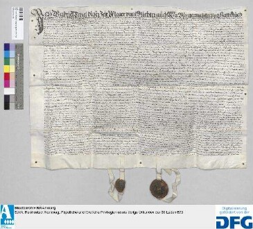 Anna Tucherin, Priorin und Ursula Zeisin, Konventualin des Klosters Engelthal, übergeben vor Gabriel Tetzel, Pflegern, und Bürgermeister, Rat und Schöffen der Stadt Hersbruck an Jobst Tetzel und Gabriel Nützel, beide des Älteren Geheimen Rates zu Nürnberg, als Abgesandten des Rats daselbst, die Baulichkeiten und Einkünfte des Klosters Engelthal. - Siegler: der obengenannte Pfleger und der Rat der Stadt Hersbruck.