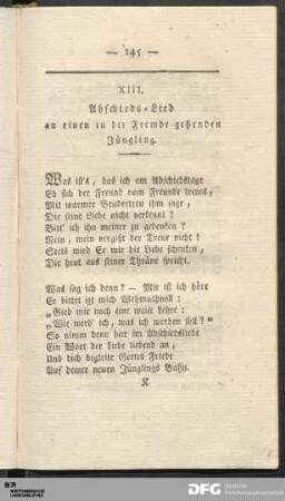 XIII. Abschieds-Lied an einen in die Fremde gehenden Jüngling.