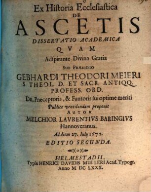 Ex historia ecclesiastica de ascetis dissertatio academica