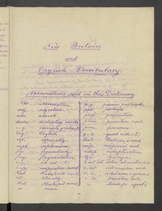 New Britain and english vocabulary. Abbreviations used in this dictionary.