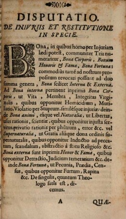 Disputatio Theologica De Injuriis Et Restitutione In Specie : Cum adjunctis Conclusionibus Ex Vniversa Theologia