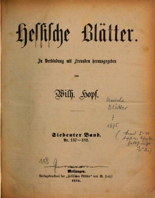 Hessische Blätter : in Verbindung mit Freunden .... 7 = Nr. 157/182. 1875