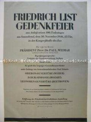 Maueranschlag mit Programm für Friedrich List Gedenkfeier in Leipzig