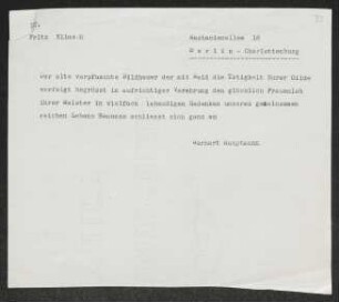 Brief von Gerhart Hauptmann an Fritz Klimsch