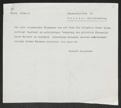 Brief von Gerhart Hauptmann an Fritz Klimsch