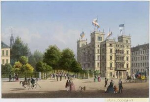 Ansicht des Victoria-Hotels in Dresden, gouachierte Lithographie, um 1860 : Dresden : Victoria Hotel. - [Dresden] : E. Müller , [um 1860]. - 1 Kunstblatt : gouachierte Lithogr. ; 17 x 12 cm