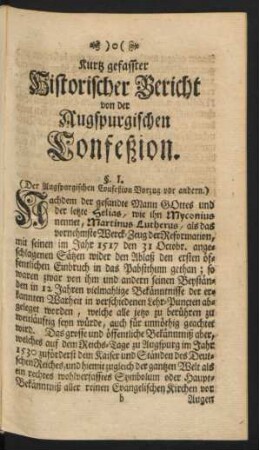 Kurtz gefasster Historischer Bericht von der Augspurgischen Confeßion