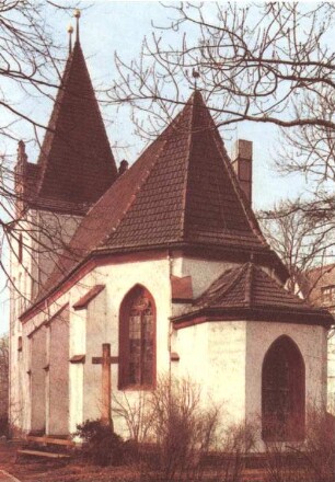 Leipzig-Eutritzsch: Christuskirche : Südostansicht, Westturmanlage ; spätgotisch um 1500, 1959 restauriert