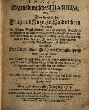 Regensburgisches Diarium oder wöchentliche Frag- und Anzeige-Nachrichten. 1784 = Jg. 23