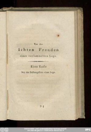 Von den ächten Freuden einer versammelten Loge. Eine Rede bey der Stiftungsfeier einer Loge.