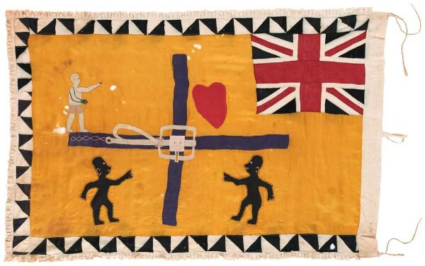 Appliquéd Battalion Flag Asafo: Trap, wayside cross and heart