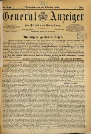 General-Anzeiger für Fürth und Umgebung : (Fürther neueste Nachrichten) ; (Fürther Abendzeitung) ; unabhängige Zeitung für jedermann. 1889,10/12 = Jg. 21, 23. Okt. - Dez.