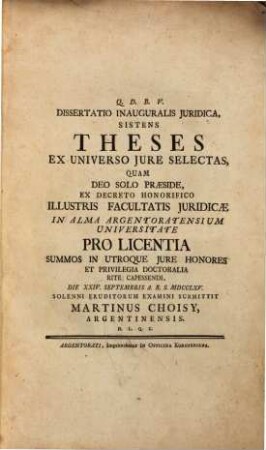 Diss. inaug. iur., sistens theses ex universo iure selectas