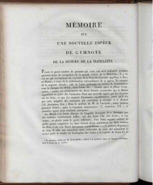Mémoire sur une Nouvelle Espèce de Gymnote de la Rivière de la Madeleine.