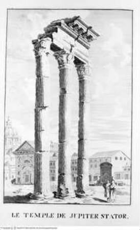 Les restes de l'ancienne Rome, recherchez avec soin, mesurez, dessinez sur les lieux, et gravez par feu Bonaventure d'Overbeke, ..., 1. Buch, Tafel a. 33.: Le Temple de Jupiter Stator.