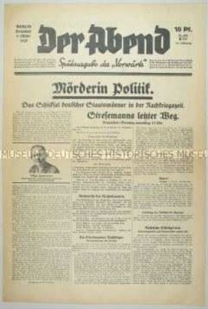 Sozialdemokratische Abendzeitung "Der Abend" u.a. zur Beisetzung von Stresemann