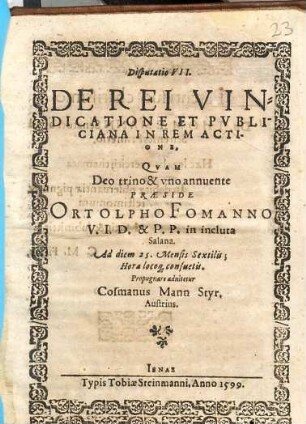 Disputatio VII. DE REI VINDICATIONE ET PVBLICIANA IN REM ACTIONE
