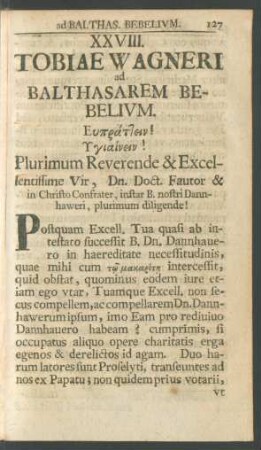 XXVIII. Tobiae Wagneri ad Balthasarem Bebelium