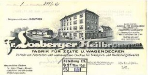 Briefbogen der Zeltfabrik Fr. Losberger mit Firmenansicht Allerheiligenstraße 13/15