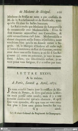 Lettre XXXVI. A la même. A Paris, Samedi 4. Avril, 1671