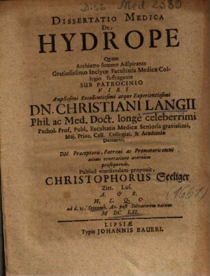 Dissertatio Medica De Hydrope