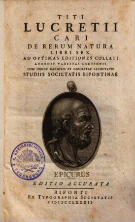 Titi Lucretii Cari De Rerum Natura Libri Sex : Ad Optimas Editiones Collati