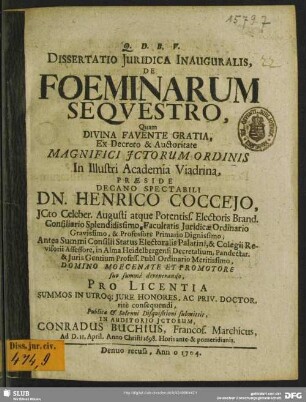 Disputatio Iuridica Inauguralis, De Foeminarum Sequestro